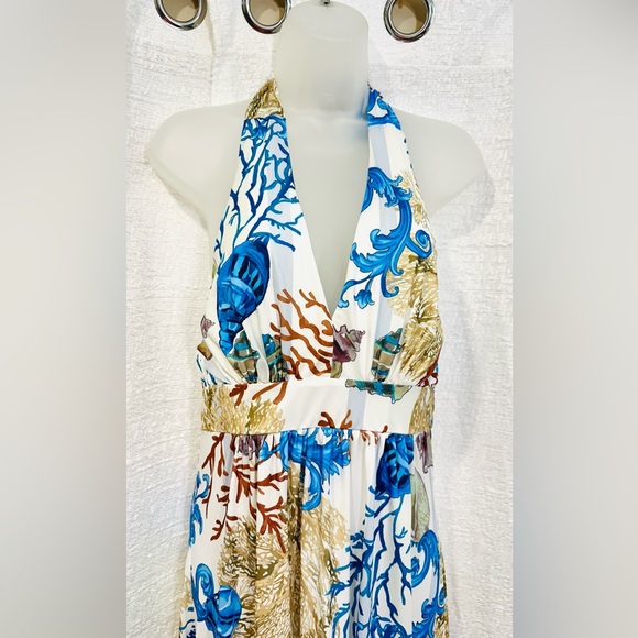 Boston Proper Maxi Halter Dress M Long Flowy Beach Ocean Reef Seashells Coral - Picture 5 of 11